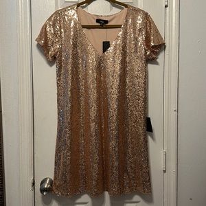 LULUS, Light Up the Night Champagne Sequin Shift Dress, Sz Medium